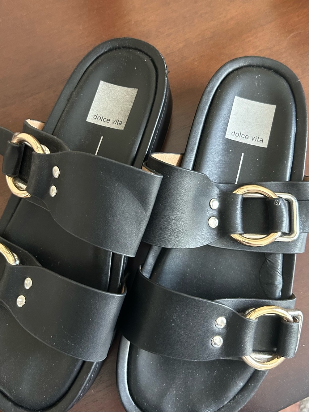 Dolce Vita Black Slide Sandals with Gold Ring Accents